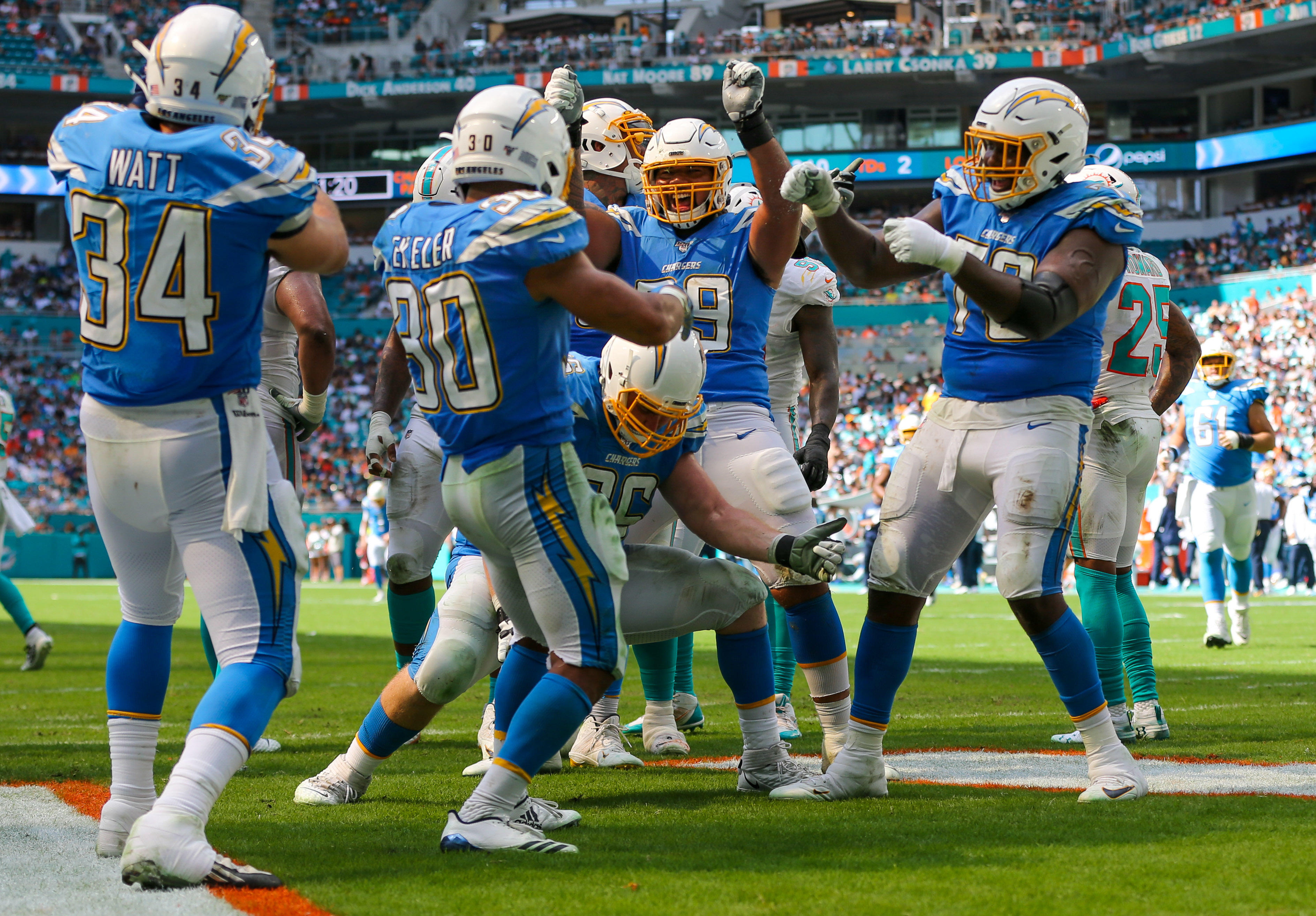Los Angeles Chargers celebrate a touchdown by running back Austin Ekeler